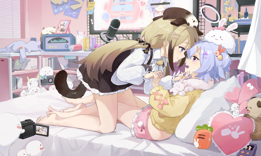 2girls absurdres assertive_female barefoot bed bedroom black_dress byouinzaka_rei dress feet ghost gradient_hair hand_on_another's_face highres holding_hands imminent_kiss interlocked_fingers kan_shan_ting_yu leg_between_thighs light_brown_hair long_hair long_sleeves lowleg lowleg_skirt microphone multicolored_hair multiple_girls nijisanji on_bed petite pillow project-sp purple_hair radio recording ring_light scarf shiori_(virtuareal) sidelocks skirt stuffed_animal stuffed_dog stuffed_panda stuffed_toy virtuareal yuri