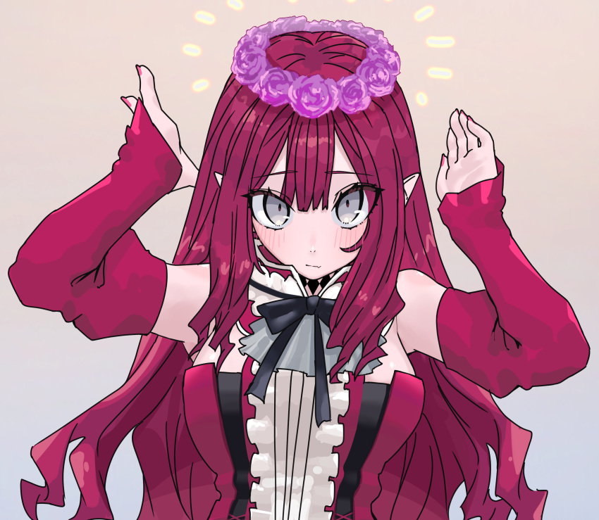 absurdres baobhan_sith_(fate) baobhan_sith_(first_ascension)_(fate) bare_shoulders blush breasts center_frills detached_collar detached_sleeves dress fate/grand_order fate_(series) female flower_wreath frills grey_eyes head_wreath highres large_breasts long_hair looking_at_viewer niwaikanai pink_hair pointy_ears red_dress sidelocks solo