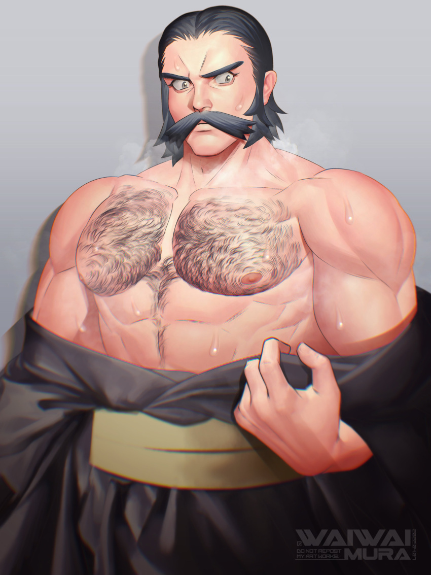 1boy abs absurdres artist_logo bara bare_pectorals bare_shoulders beard biceps black_hair black_kimono blurry blush breath brown_eyes chest_hair closed_mouth depth_of_field facial_hair frown highres japanese_clothes kamado_(pokemon) kimono large_pectorals looking_down male_focus mature_male moustache nipples partially_undressed pectorals pokemon pokemon_legends:_arceus sash short_hair sideburns simple_background solo steam_from_mouth strongman_waist sweatdrop thick_eyebrows undressing upper_body waiwai_mura yellow_sash