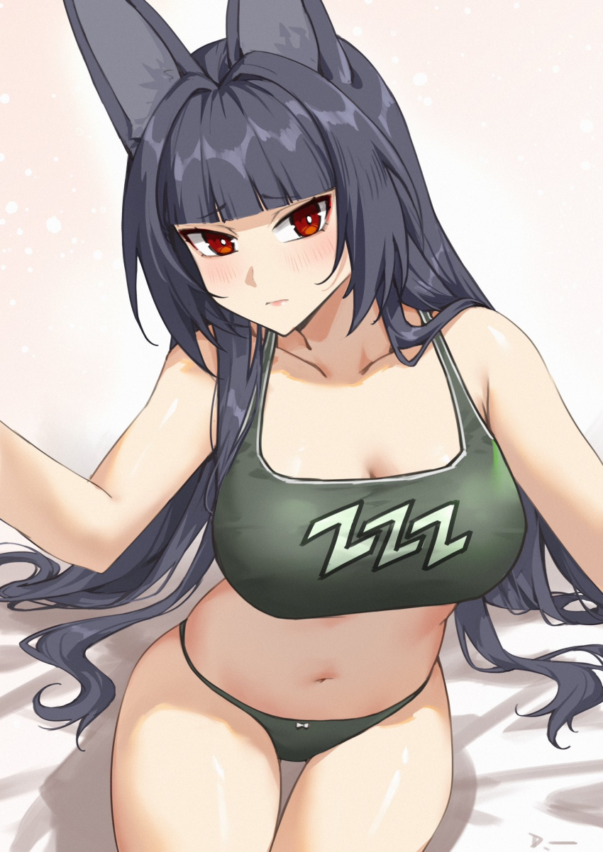 animal_ears bare_shoulders black_hair black_panties blunt_bangs blush breasts cleavage crop_top female highres hoshimi_miyabi large_breasts linreplica long_hair looking_at_viewer midriff navel panties print_sports_bra red_eyes sitting solo sports_bra stomach thighs underwear very_long_hair zenless_zone_zero