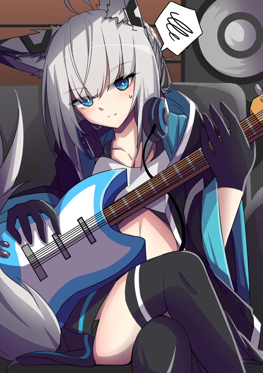 absurdres animal_ears azur_lane black_gloves blue_eyes crossed_legs electric_guitar female fox_ears fox_girl fox_tail gloves guitar headphones headphones_around_neck highres holding holding_instrument instrument kawakaze_(azur_lane) long_hair siota1998 solo speaker tail thighhighs very_long_hair white_hair