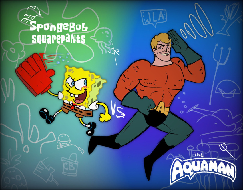 ambient_jellyfish ambient_sealife aquaman aquaman_(copyright) bagofcobbles black_eyes blonde_hair blue_eyes chum_bucket clothing crossover dc_comics death_battle flower flower_cloud_(spongebob) gloves hair handwear hanna-barbera hi_res human male mammal marine muscular muscular_male nickelodeon plant sea_sponge smile spongebob's_pineapple spongebob_squarepants spongebob_squarepants_(character) super_friends yellow_body yellow_skin