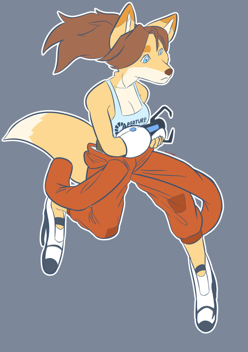 anthro aperture_logo aperture_science blue_eyes bottomwear breasts brown_hair canid canine canis chell chell_(fursona) cleavage clothed clothing digital_media_(artwork) english_text female fennec fox fur hair hi_res jumpsuit long_fall_boots mammal orange_clothing orange_jumpsuit ponytail portal_(series) portal_gun shirt simple_background solo tank_top text text_on_clothing text_on_topwear toonarscontent topwear valve video_games white_clothing white_shirt white_tank_top white_topwear yellow_body yellow_fur