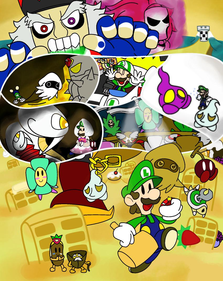 blooey blooper blush bob-omb brown_hair castle cephalopod cherry chestnut_king coleoid compass crazee_dayzee eclair flower food fruit group hair hammer hayzee hi_res hizza human jerry_(paper_mario) luigi mammal marine mario_bros metaeat mollusk nintendo nutcracker octopodiform paper_luigi paper_mario pastry plant princess_eclair reptile scalie screamy_(paper_mario) size_difference snake spike_top strawberry tools torque_(paper_mario) waffle