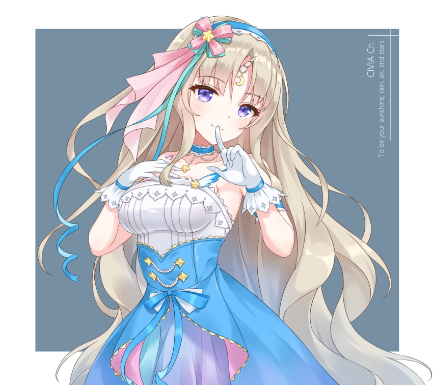 border breasts brown_hair civia collarbone commentary_request dress female finger_to_mouth gloves headband highres hololive hololive_china horns kebin_no_shio_amaou long_hair looking_at_viewer purple_eyes ribbon simple_background single_horn solo virtual_youtuber white_border