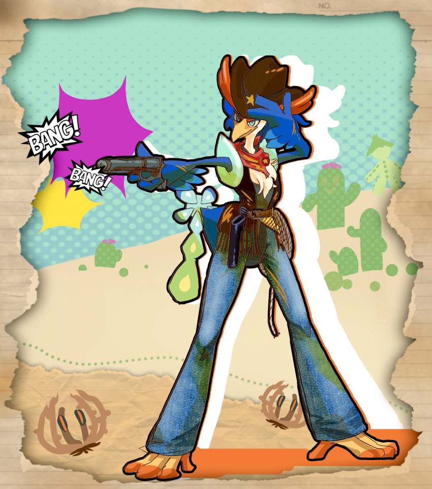 2023 absurd_res ambiguous_gender anthro avian beak blue_body blue_feathers bottomwear bramblin cactus chest_tuft clothing costume cowboy_hat cowboy_outfit denim denim_bottomwear denim_clothing english_text feathers feet generation_9_pokemon gun hat headgear headwear hi_res holster jeans long_legs nintendo orange_tubuan pants plant pokemon pokemon_(species) quaquaval ranged_weapon shooting solo sound_effects standing stylized talons text toes tuft weapon wild_west yellow_beak