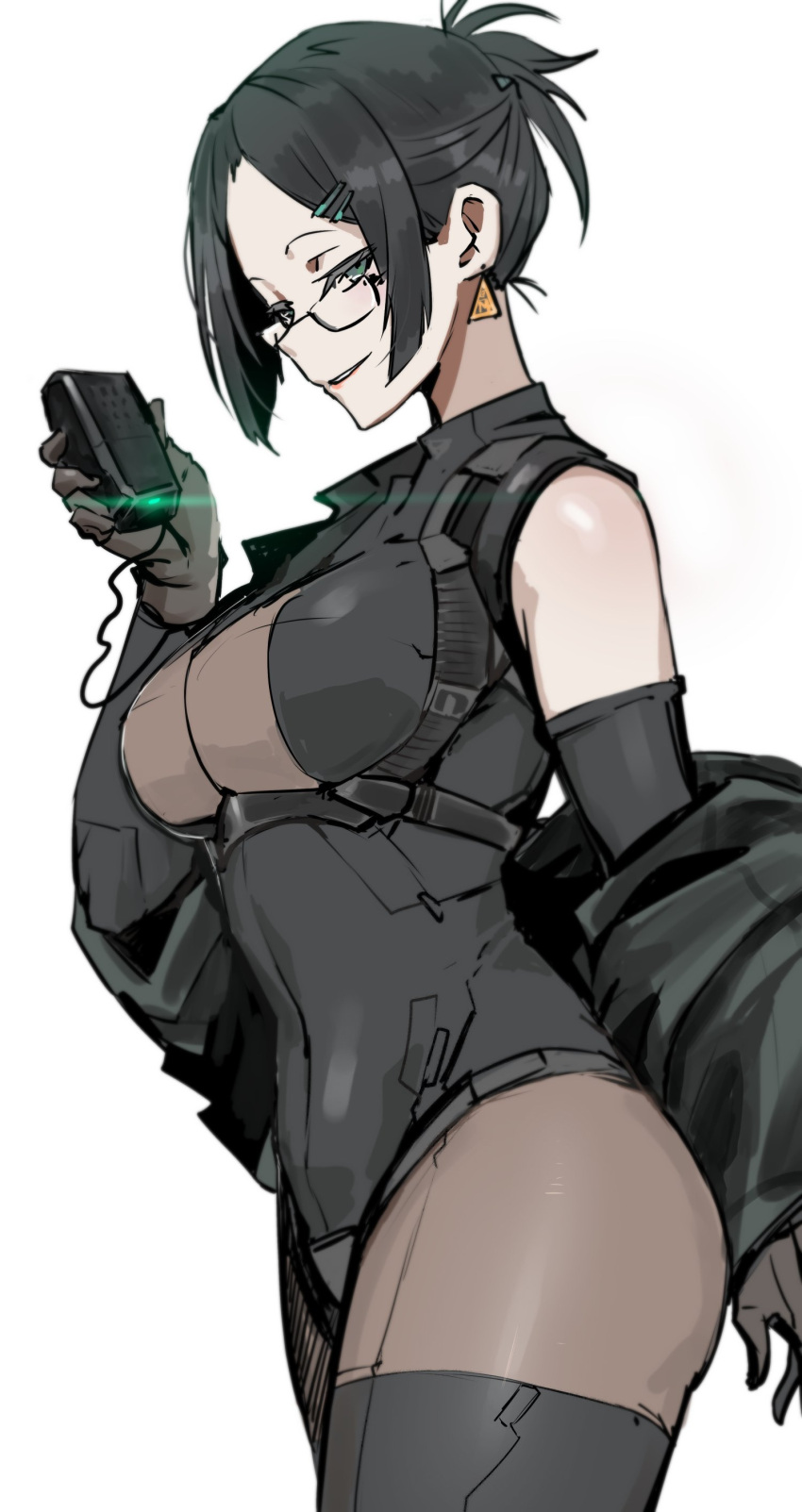 absurdres allmind_(armored_core_6) armored_core armored_core_6 black_hair black_thighhighs breasts brown_gloves detached_sleeves female glasses gloves green_eyes hair_ornament hairclip highres jacket kate_markson large_breasts las91214 looking_at_viewer open_clothes open_jacket personification radio receiver sleeveless smug solo_focus thighhighs white_background