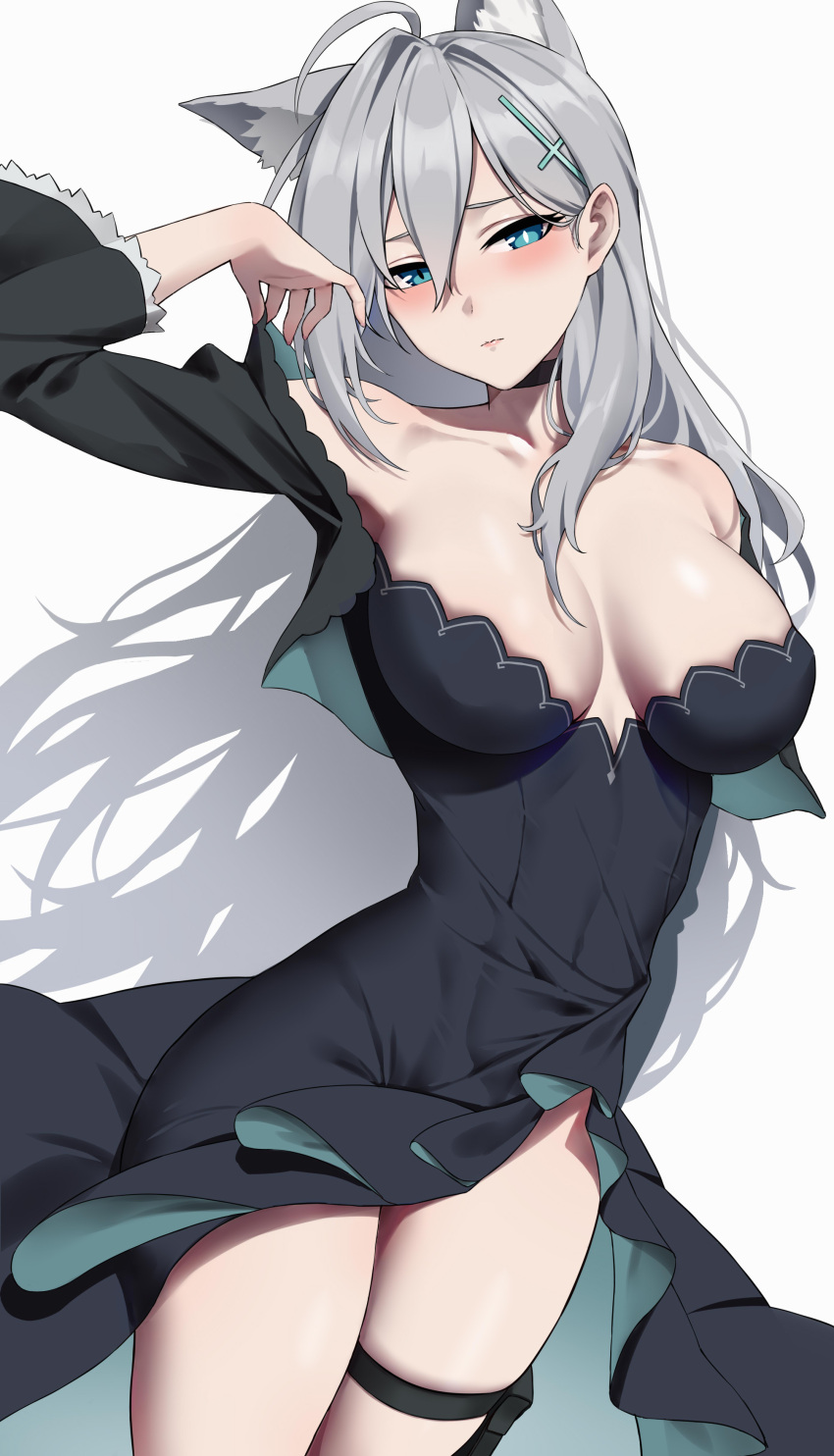 absurdres animal_ears bare_shoulders black_choker black_dress blue_archive blue_eyes blush breasts choker cleavage closed_mouth dress extra_ears female grey_hair hand_up highres large_breasts long_hair long_sleeves looking_at_viewer off_shoulder shiroko_(blue_archive) shiroko_terror_(blue_archive) simple_background solo thigh_strap thighs white_background wolf_ears yukiaka