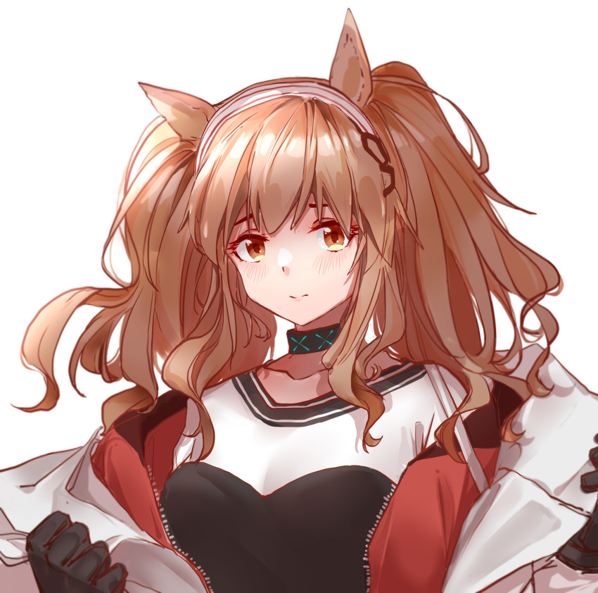 absurdres angelina_(arknights) animal_ears arknights black_choker black_gloves blush brown_eyes brown_hair choker collarbone commentary_request female fox_ears gloves hairband highres jacket long_hair looking_at_viewer off_shoulder open_clothes open_jacket sao7 shirt simple_background solo twintails upper_body white_background white_hairband