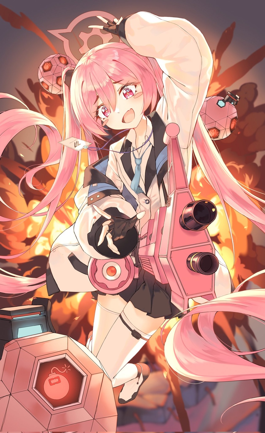 +_+ :d arm_up black_gloves black_skirt blue_archive blue_necktie blush_stickers bomb coat coat_partially_removed collared_shirt commentary_request explosion explosive female fingerless_gloves full_body gloves gun hair_between_eyes halo highres id_card jacket koyuki_(blue_archive) lanyard long_hair long_sleeves m60 machine_gun necktie oerba_yun_fang open_mouth pink_eyes pink_hair pleated_skirt puffy_long_sleeves puffy_sleeves shirt shirune skin_fang skirt smile solo thighhighs twintails two-sided_fabric two-sided_jacket v very_long_hair weapon white_coat white_footwear white_jacket white_shirt white_thighhighs zettai_ryouiki