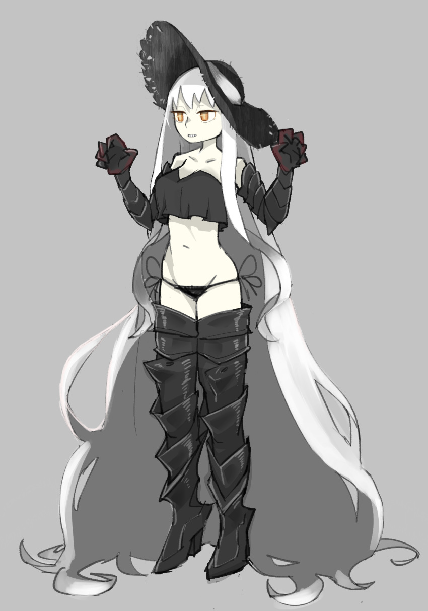 absurdly_long_hair abyssal_ship aircraft_carrier_oni aircraft_carrier_summer_oni armored_boots bikini black_bikini black_footwear black_hat boots breasts clenched_teeth commentary_request female full_body gauntlets grey_background grey_hair groin hat highres kantai_collection large_breasts long_hair navel orange_eyes partial_commentary side-tie_bikini_bottom simple_background solo standing strapless strapless_bikini sun_hat swimsuit teeth thigh_boots thighhighs tirarizun very_long_hair white_hair