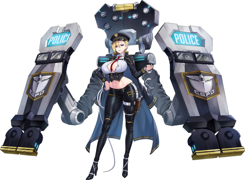 between_breasts blonde_hair breasts c.honey cape cleavage crop_top cuffs female full_body game_cg gun hair_between_eyes handcuffs handgun hat highres large_breasts last_origin looking_at_viewer midriff navel necktie necktie_between_breasts official_art pants police police_hat police_uniform policewoman power_suit purple_eyes sadius_of_retribution short_hair smile solo tachi-e tight_clothes tight_pants transparent_background uniform weapon whip