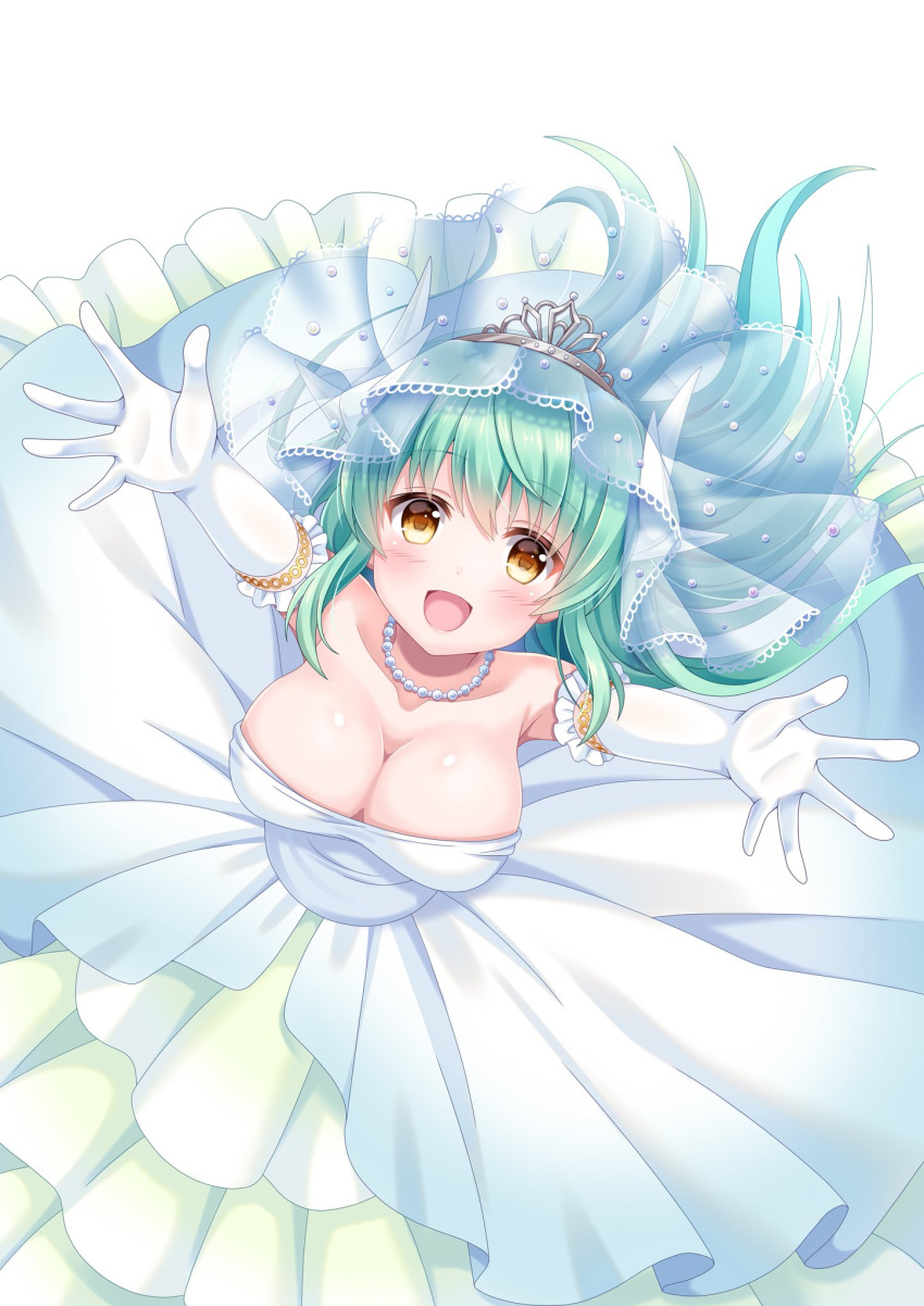 armpit_crease armpit_peek armpits blush bouquet breasts bridal_gauntlets bridal_veil bride dress fate/grand_order fate_(series) flower frilled_dress frilled_skirt frills gauntlets green_hair hand_up highres jewelry kiyohime_(fate/grand_order) lace large_breasts long_dress long_skirt medium_breasts necklace open_mouth pearl_(gemstone) pearl_necklace petals short_hair skirt sleeveless sleeveless_dress smile suzumia_(daydream) veil wedding wedding_dress white_dress white_skirt yellow_eyes