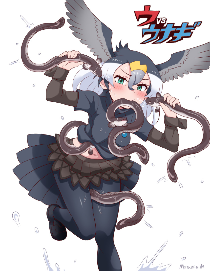 bird_girl bird_tail bird_wings black_footwear black_hair black_pantyhose black_shirt black_skirt blonde_hair blush eel female great_cormorant_(kemono_friends) green_eyes grey_hair hair_between_eyes head_wings highres jewelry kemono_friends loafers long_sleeves looking_at_viewer metamimi midriff_peek navel necklace pantyhose pleated_skirt shirt shoes short_hair short_sleeves sidelocks skirt solo standing standing_on_one_leg tail translation_request turtleneck wings