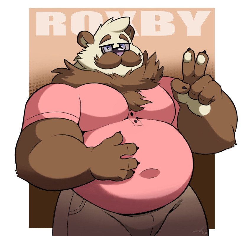 2021 anthro bear belly border bottomwear brown_background brown_body brown_fur character_name chest_tuft claws clothed clothing eyebrows eyewear facial_hair fur gesture giant_panda glasses gradient_background hand_gesture hand_on_belly hi_res looking_at_viewer male mammal moobs moustache navel_outline neck_tuft overweight overweight_anthro overweight_male pants roxby_dickinson shirt simple_background solo splashburr standing tan_body tan_fur text tight_clothing topwear tuft v_sign white_border