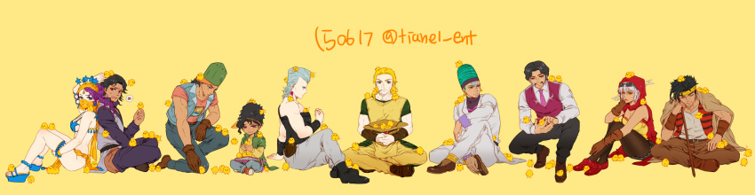 2girls 6+boys back-to-back bird black_hair blonde_hair boingo cane chick daniel_j._d'arby grey_hair hat highres hol_horse jean_pierre_polnareff jojo_no_kimyou_na_bouken korean_commentary mariah_(jojo) midler multiple_boys multiple_girls n'doul necktie oingo ponytail purple_hair stardust_crusaders steely_dan terence_t._d'arby tianel_ent too_many too_many_chicks vest waistcoat