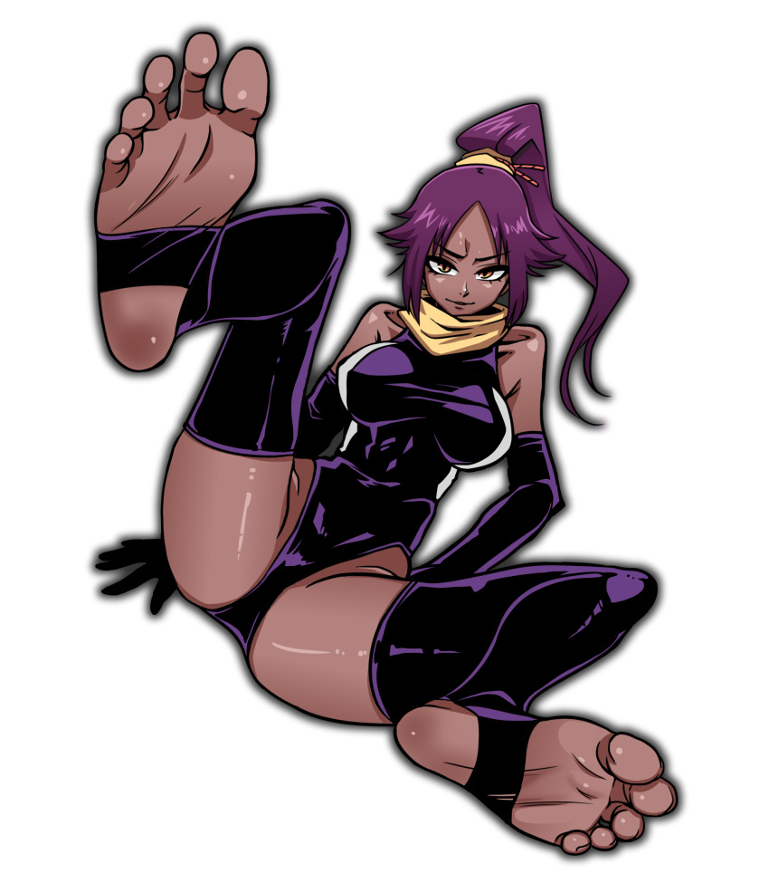 bare_shoulders barefoot bleach breasts dark-skinned_female dark_skin elbow_gloves feet female foot_focus foreshortening ga320aaa gloves highleg highleg_leotard highres leotard long_hair looking_at_viewer ponytail purple_gloves purple_hair purple_thighhighs scarf shihouin_yoruichi simple_background smile soles solo spread_legs thighhighs toes white_background