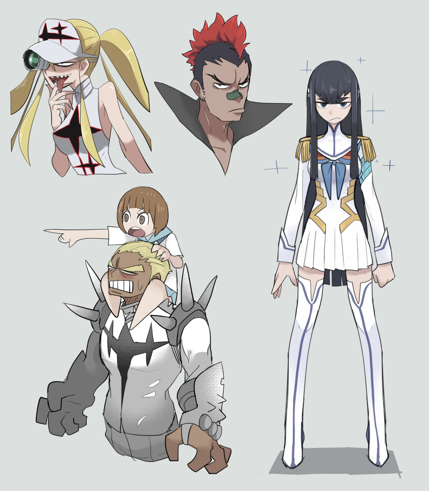 2boys 3girls absurdres bandaid bandaid_on_face bandaid_on_nose black_hair blonde_hair blue_neckerchief boots breasts brown_hair clenched_teeth commentary_request dark-skinned_male dark_skin dress epaulettes gamagoori_ira grey_background hakodate_omiko highres junketsu kill_la_kill kinagase_tsumugu kiryuuin_satsuki long_hair long_sleeves mankanshoku_mako mohawk multiple_boys multiple_girls neckerchief partial_commentary pointy_ears red_hair sailor_collar sailor_dress school_uniform serafuku sharp_teeth short_hair sidelocks simple_background sleeveless standing sweat teeth thigh_boots thighhighs tirarizun tongue tongue_out twintails very_long_hair visor_cap white_headwear