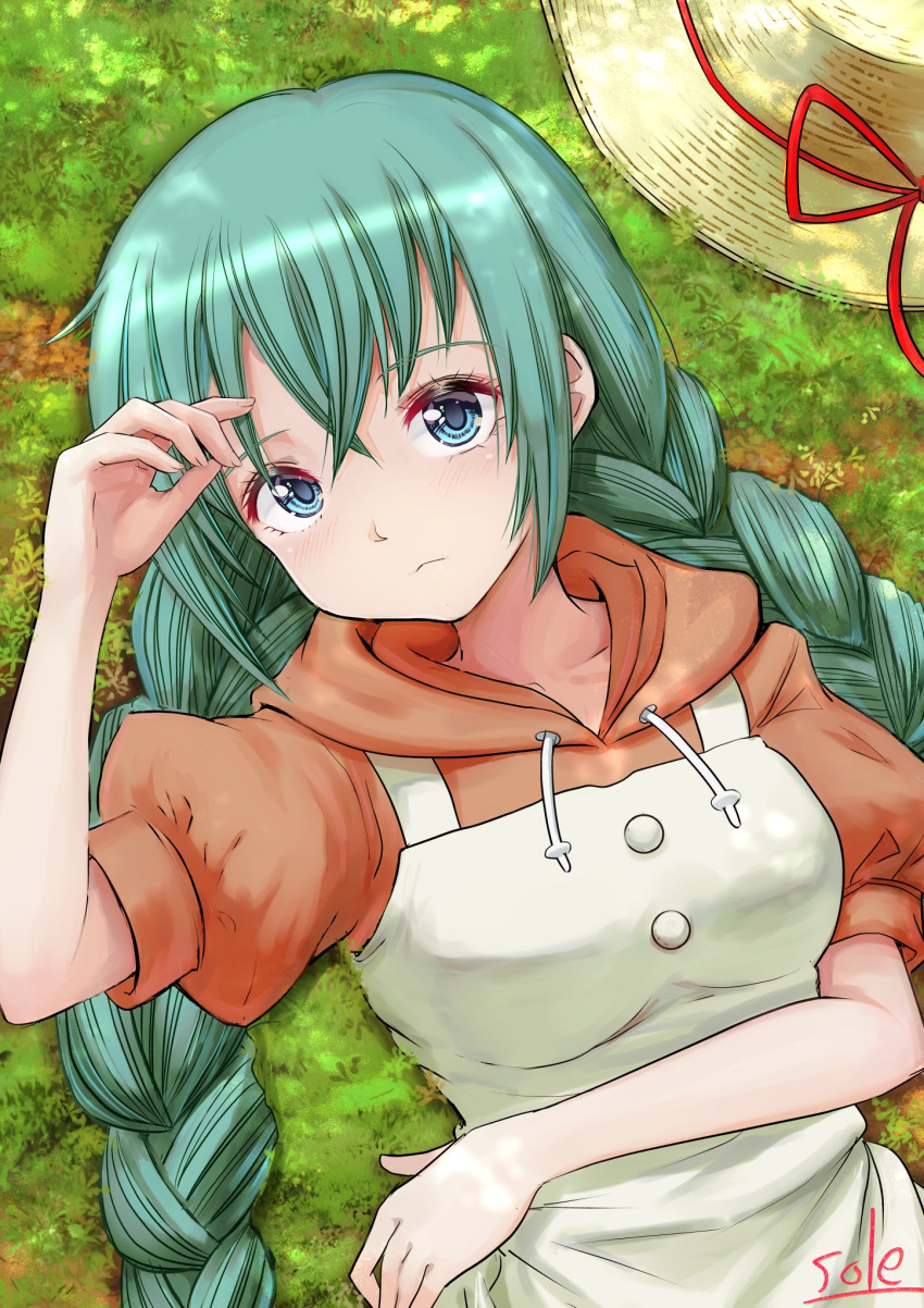 alice_carroll aqua_hair aria_(manga) blue_eyes blush braid breasts closed_mouth collarbone crossed_bangs day dress eyelashes female grass hand_up hat highres hood hood_down hoodie long_hair looking_at_viewer lying medium_breasts official_alternate_costume on_back on_ground orange_hoodie outdoors sidelocks signature solo straw_hat telaform twin_braids unworn_headwear upper_body white_dress