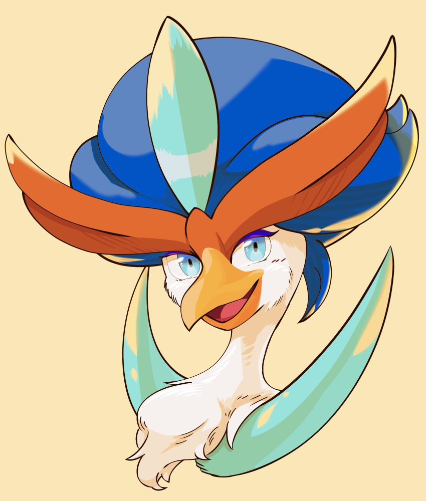 2023 ambiguous_gender avian beak blue_body blue_eyes blue_feathers cheek_tuft facial_tuft feathered_crest feathers generation_9_pokemon head_crest hi_res neck_tuft nintendo open_beak open_mouth orange_tubuan pokemon pokemon_(species) quaquaval simple_background smile smiling_at_viewer solo tuft yellow_beak