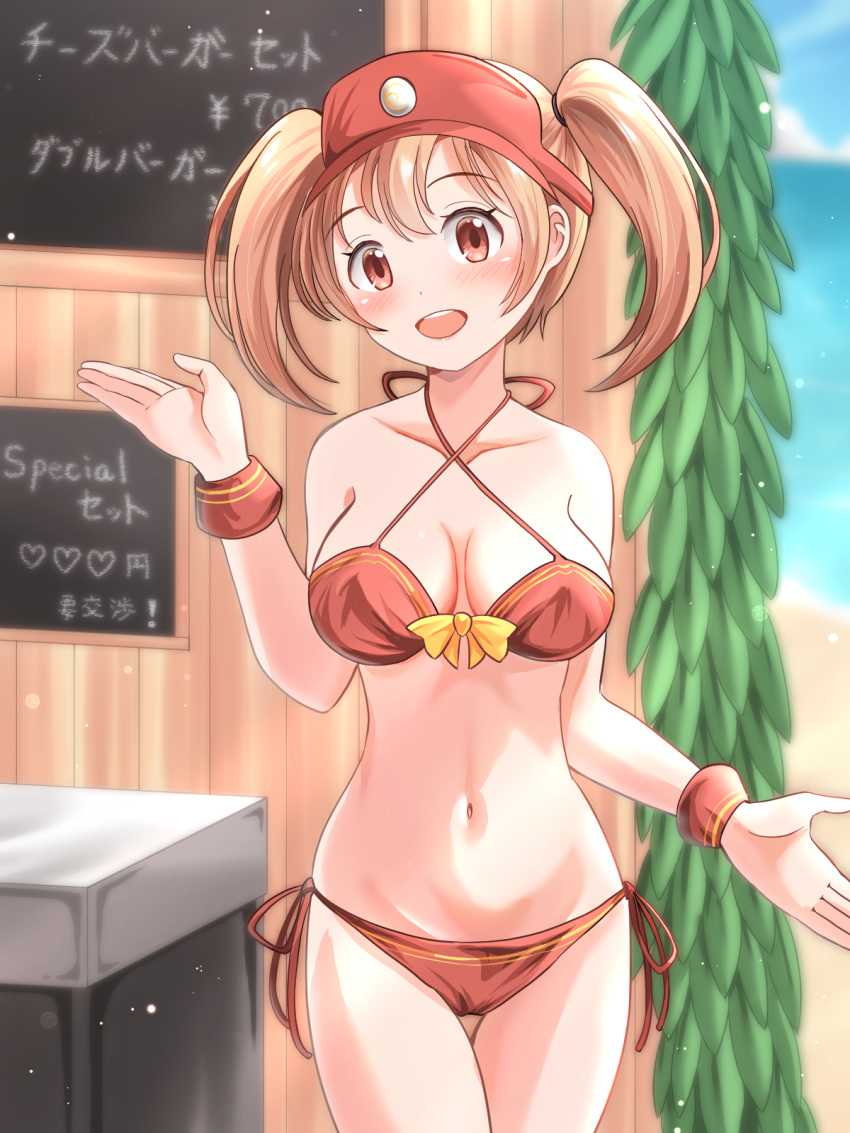 beach bikini brown_hair chalkboard commentary_request counter cowboy_shot criss-cross_halter female halterneck hat hataraku_maou-sama! highres horizon ocean open_mouth orange_bikini red_eyes red_hat round_teeth sasaki_chiho side-tie_bikini_bottom solo swimsuit teeth thigh_gap upper_teeth_only visor_cap wrist_cuffs zakiwo_(rrxn8224)