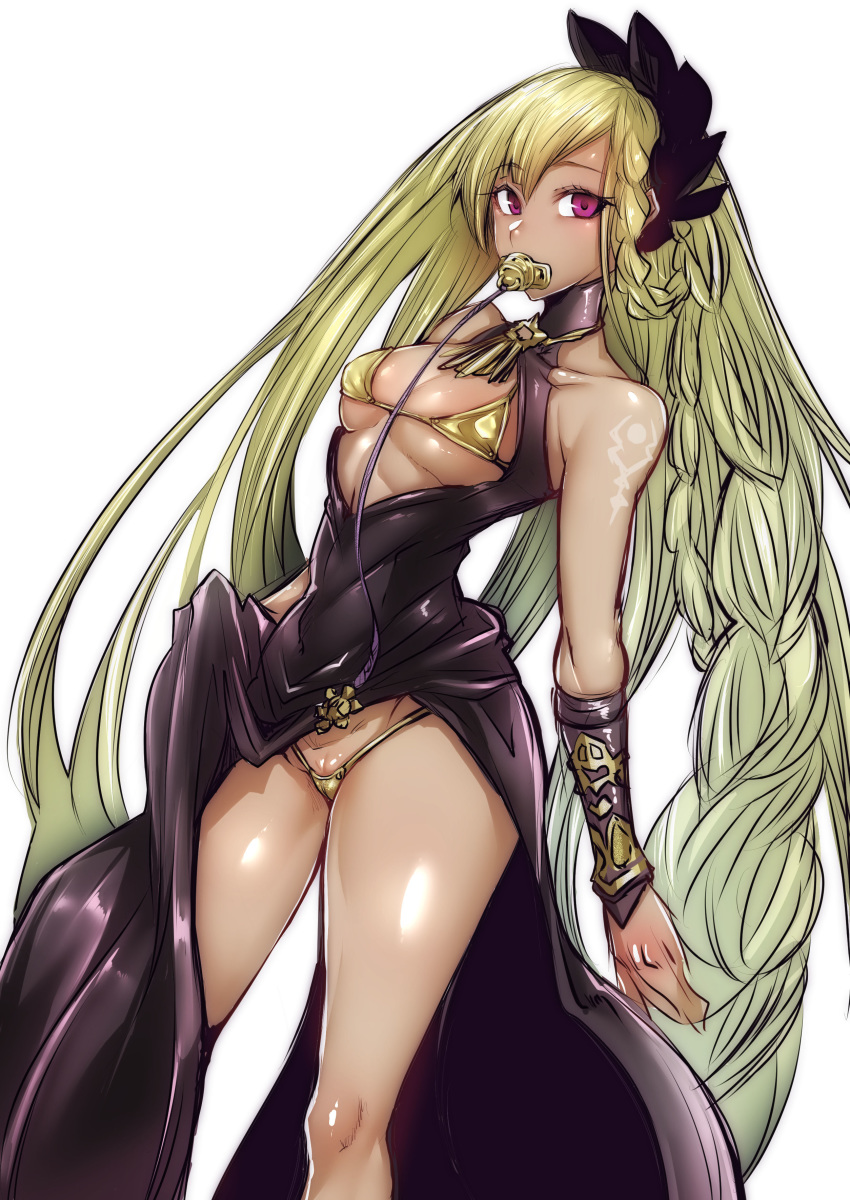 absurdres bad_id bad_pixiv_id bikini black_dress blonde_hair bracer braid breasts dark-skinned_female dark_skin dress female gggg granblue_fantasy helel_ben_shalem highleg highleg_bikini highres jewelry long_braid long_hair looking_at_viewer medium_breasts necklace pacifier purple_eyes simple_background solo swimsuit tattoo thighs white_background yellow_bikini