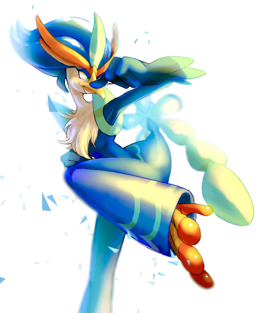 2023 action_pose ambiguous_gender anthro athletic avian beak blue_body blue_feathers bright_light chest_tuft depth_of_field feathered_crest feathers feet fist focused generation_9_pokemon green_eyes head_crest hi_res kick long_legs looking_away markings nintendo orange_tubuan pokemon pokemon_(species) pose quaquaval raised_arm simple_background small_waist solo tail tail_feathers talons toes tuft white_body white_feathers yellow_beak