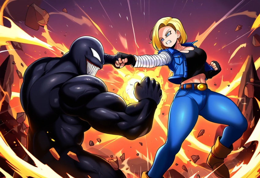 1boy ai_generated android_18 battle black_body blonde_hair dragon_ball dragon_ball_z duel eastern_and_western_character female fight large_breasts marvel marvel_comics novelai thick_thighs torn_clothes venom venom_(marvel)