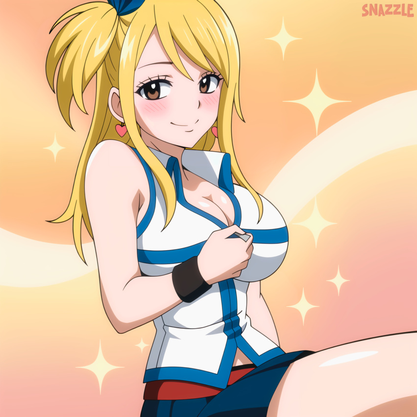 1girls ai_generated armpits arms_up belt blonde_hair blue_ribbon blue_skirt blush breasts brown_eyes cleavage closed_mouth collarbone earrings eyelashes fairy_tail hair_ribbon heart_earrings jewelry large_breasts long_hair looking_at_viewer lucy_heartfilia one_side_up ribbon shirt skirt sleeveless smile smug snazzdaz snazzle solo sparkles undressing