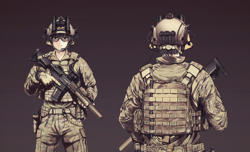 1boy aimpoint assault_rifle belt black_hair bulletproof_vest combat_shirt commentary_request flashlight gloves gun handgun highres laser_sight military_operator mk_18_carbine night_vision_device nurim original rifle safety_glasses simple_background weapon