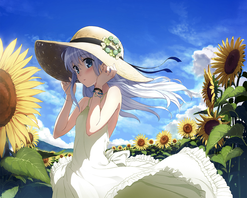 blue_eyes cropped dress flowers hat hibiki_(kancolle) honjou_masato kantai_collection summer_dress sunflower