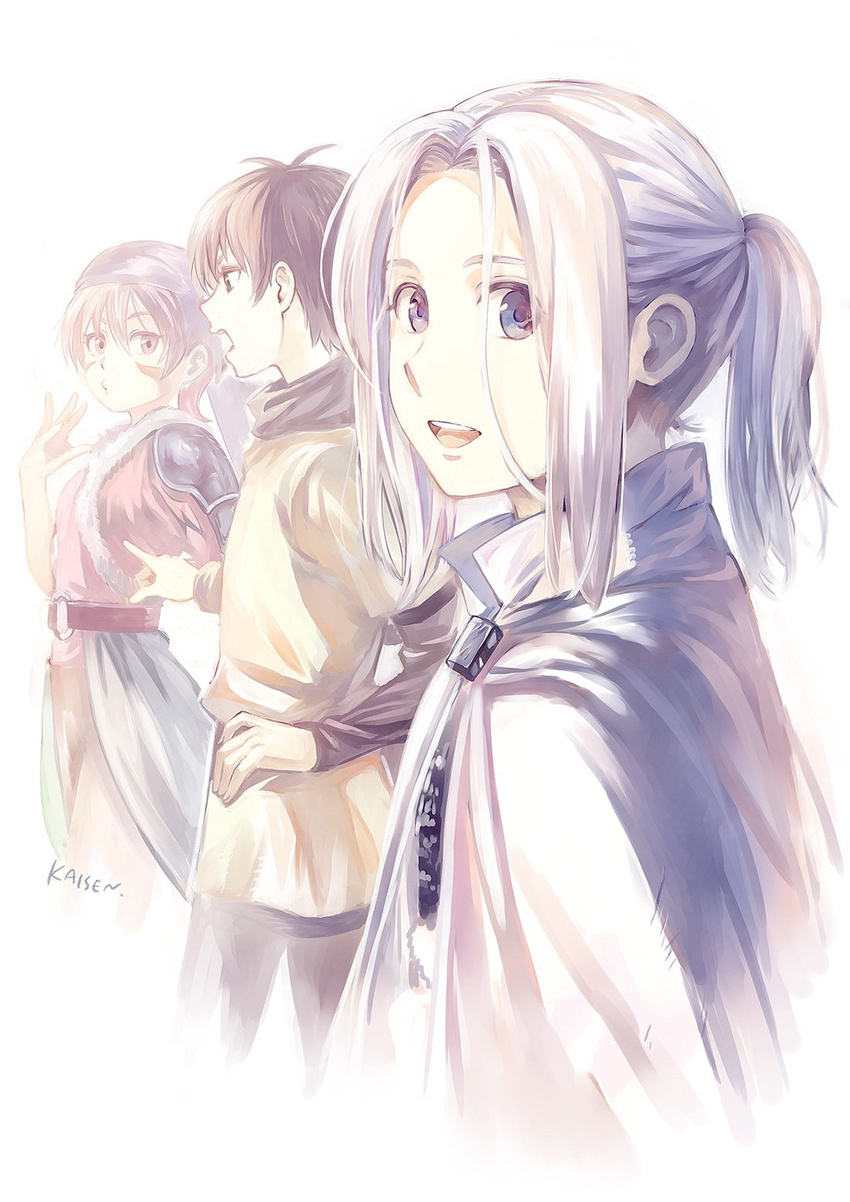 2boys :d alfreed_(arslan_senki) arslan arslan_senki belt blue_eyes breasts brown_eyes brown_hair cape commentary elam facial_mark female hand_on_own_hip hand_up highres long_sleeves looking_at_another looking_at_viewer looking_to_the_side medium_breasts medium_hair multiple_boys open_mouth pale_color ponytail shirt short_hair signature silver_hair simple_background smile umishima_senbon white_background yellow_shirt