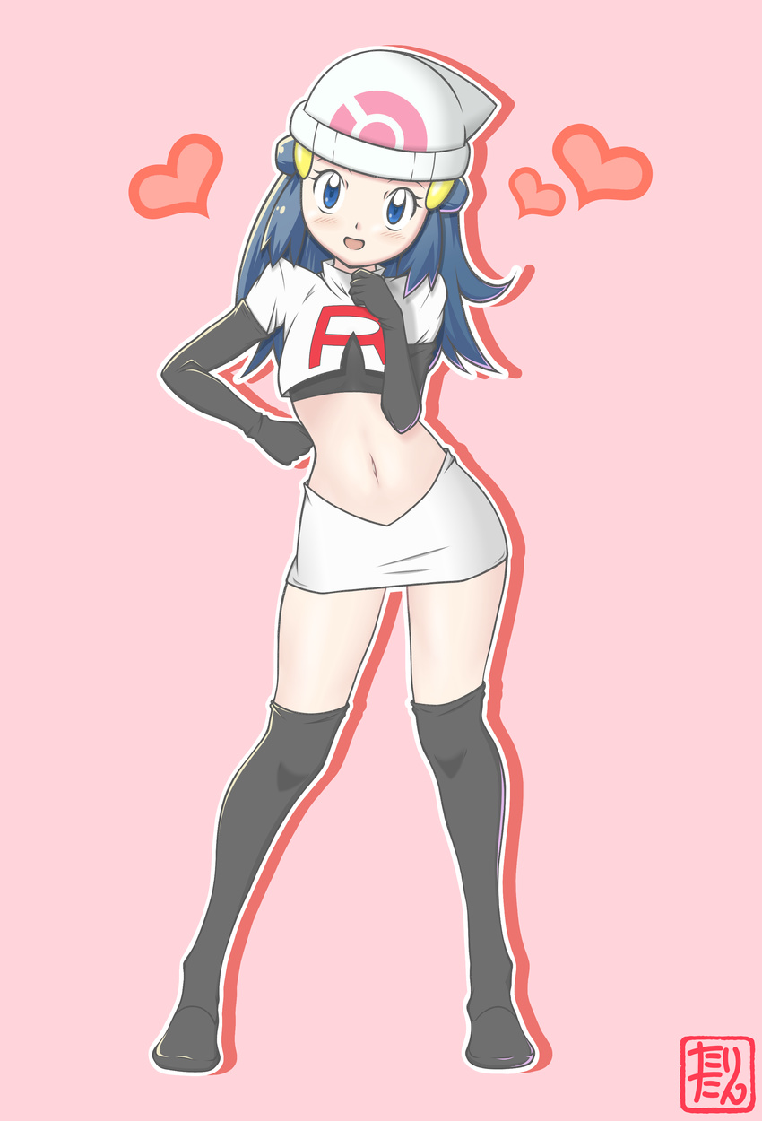 absurdres alternate_costume beanie black_gloves black_legwear blue_eyes blue_hair blush cosplay dawn_(pokemon) elbow_gloves female full_body gloves hair_ornament hairclip hand_on_hip hand_up hat heart legs_apart long_hair looking_at_viewer matching_hair/eyes miniskirt musashi_(pokemon)_(cosplay) navel open_mouth pink_background pokemon pokemon_dppt short_sleeves simple_background skirt smile solo standing tax2rin team_rocket_(cosplay) text thighhighs tied-hair translation_request white_hat white_skirt zettai_ryouiki