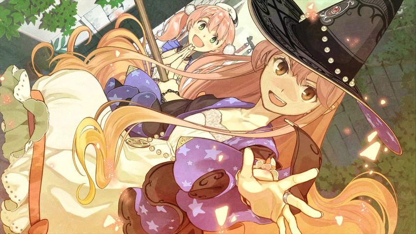 2girls :d atelier_(series) atelier_escha_&_logy blush bracelet dutch_angle embers escha_malier game_cg green_eyes hat hidari_(left_side) jewelry long_hair multiple_girls official_art open_mouth outdoors outstretched_arm outstretched_hand own_hands_together palms_together pentacle pink_eyes pink_hair ring sidelocks smile star_(symbol) star_print twintails wilbell_voll-ersleid witch witch_hat