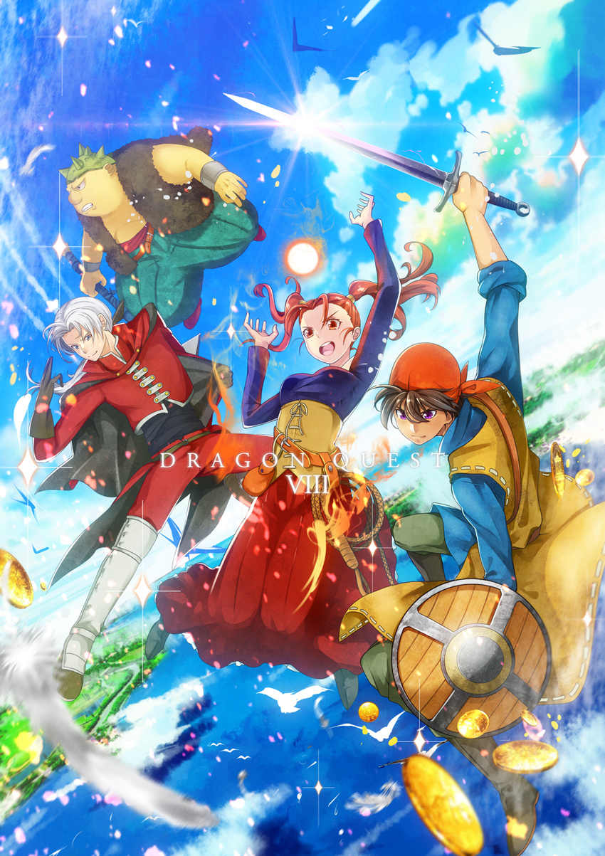 3boys angelo brown_hair cape dragon_quest dragon_quest_viii dress everyone female fire gold green_eyes hero_(dq8) jessica_albert long_hair lowres magic multiple_boys one_eye_closed red_eyes red_hair shield square_enix sword twintails water weapon yangus