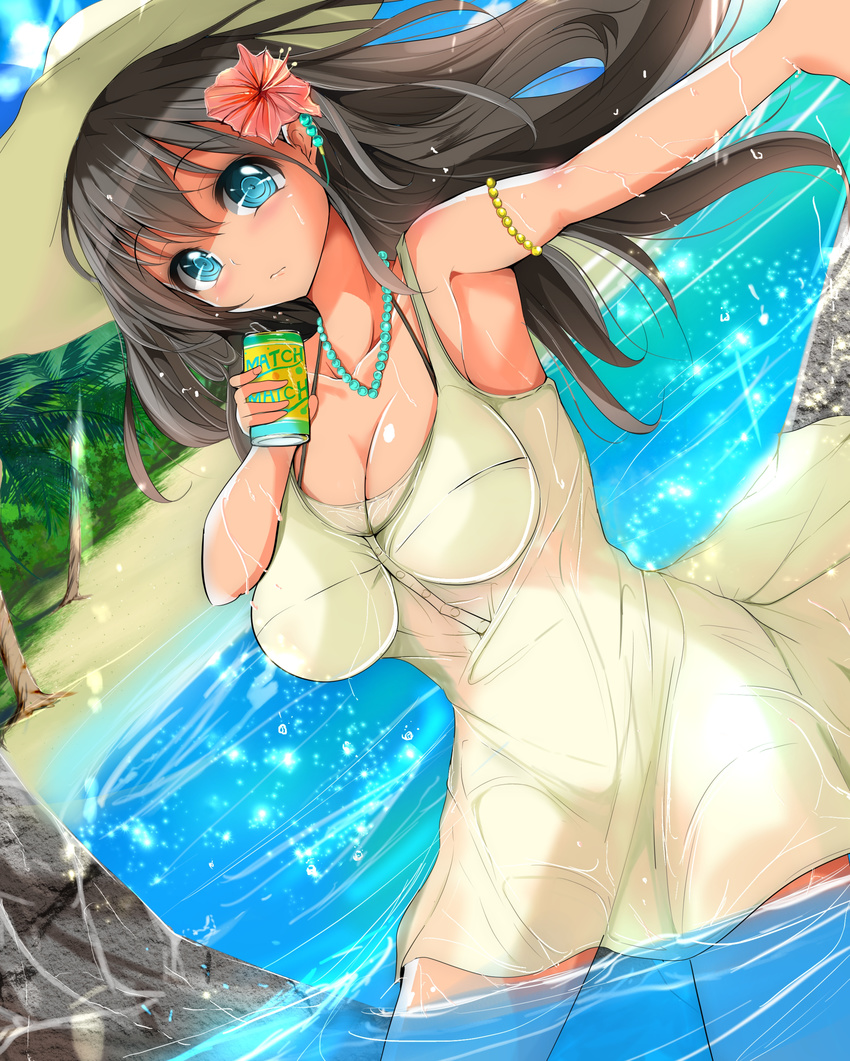 absurdres armpits bad_id bad_pixiv_id beach black_hair blue_eyes breasts can collarbone day dress drink_can female flower hair_flower hair_ornament hat highres jewelry large_breasts long_hair looking_at_viewer necklace original outdoors outstretched_arm palm_tree see-through sleeveless sleeveless_dress soda_can solo sun_hat sundress tree velia water wet wet_clothes wet_dress