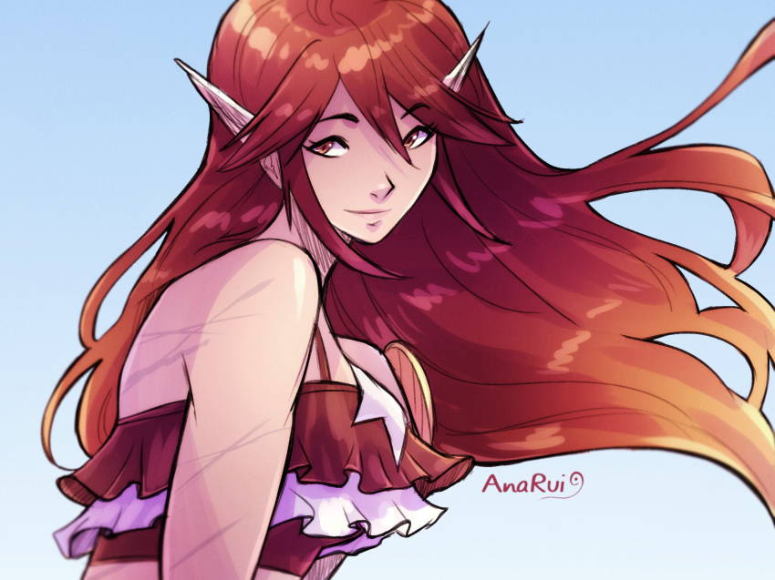 ana_rui artist_name bad_id bad_twitter_id bare_shoulders breasts commentary cordelia_(fire_emblem) cordelia_(summer)_(fire_emblem) english_commentary female fire_emblem fire_emblem_awakening fire_emblem_heroes frills hair_lift highres long_hair looking_at_viewer pointy_ears red_eyes red_hair smile solo