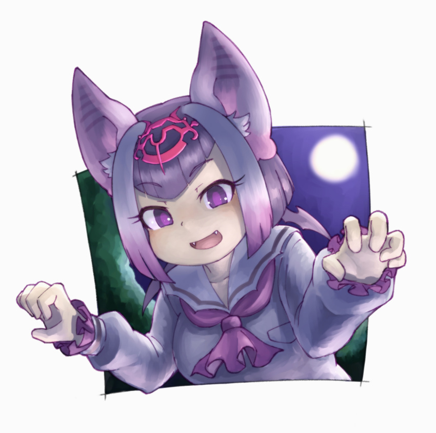 :d animal_ears ascot bad_id bad_pixiv_id bat_ears claw_pose commentary common_vampire_bat_(kemono_friends) fangs female full_moon gradient_hair highres kemono_friends long_sleeves looking_at_viewer moon multicolored_hair okome_kogashi open_mouth pink_ascot pink_hair purple_eyes sailor_collar shirt simple_background smile solo v-shaped_eyebrows white_background white_hair white_shirt