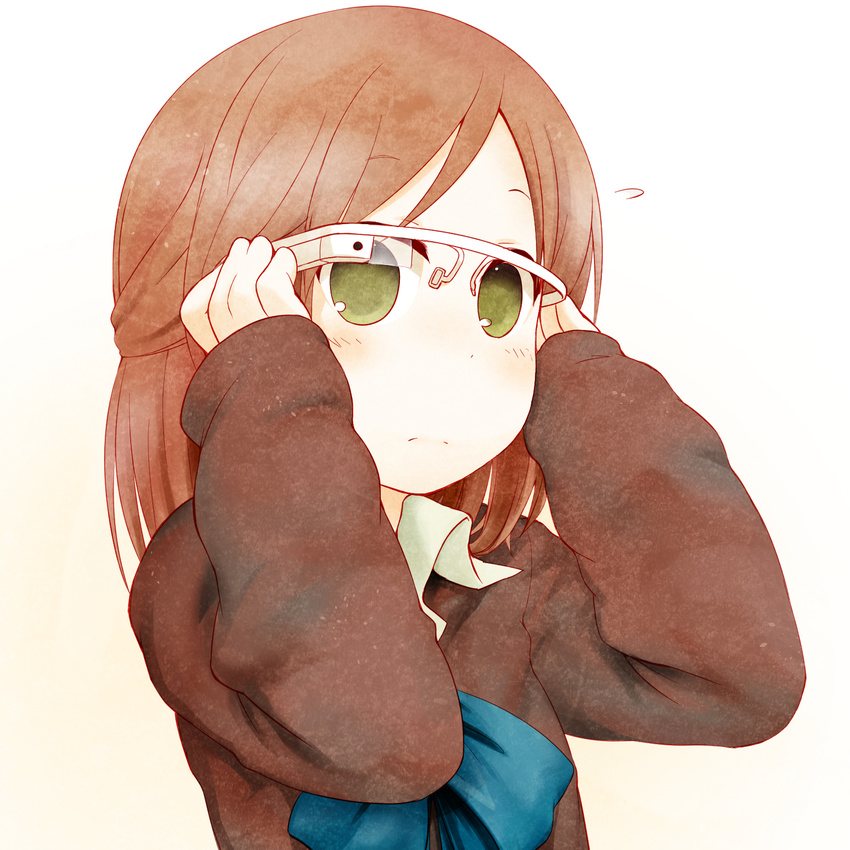 arms_up bad_id bad_pixiv_id blush brown_hair cardigan commentary_request female fujimiya_kaori glasses google google_glass highres isshuukan_friends school_uniform smartglasses solo sweatdrop takeda_yukimura