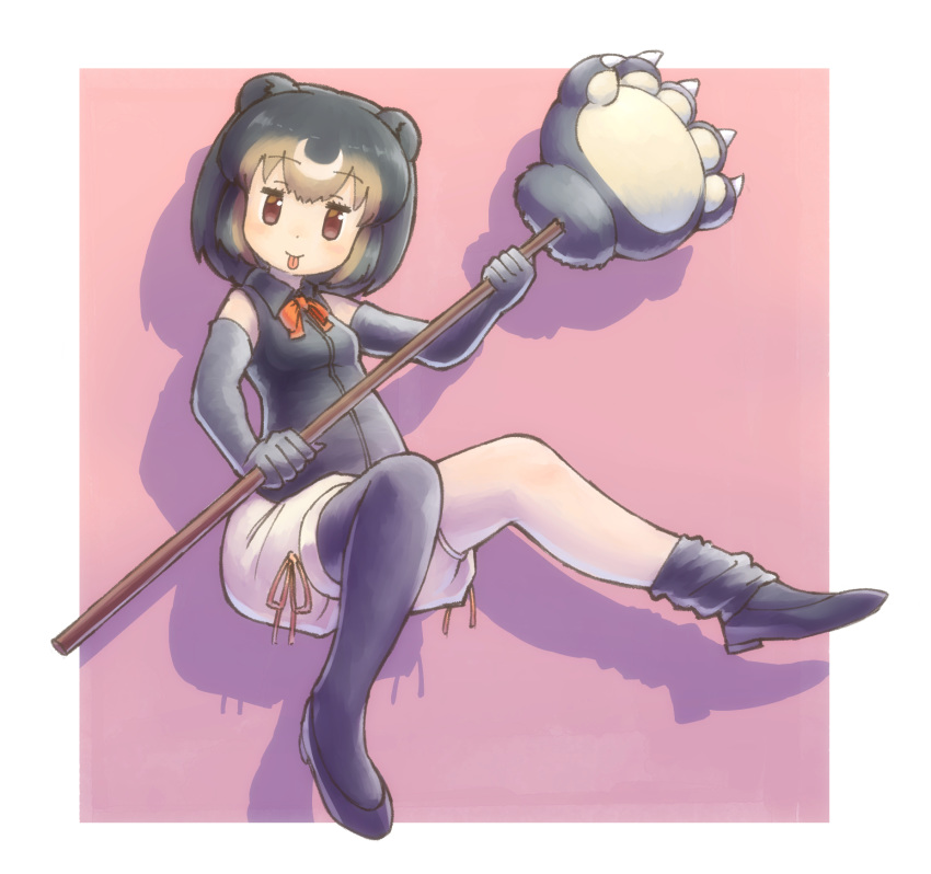 :p animal_ears bad_id bad_pixiv_id bear_ears black_footwear black_gloves black_hair black_shirt black_thighhighs brown_eyes brown_hair collared_shirt commentary elbow_gloves female full_body gloves highres kemono_friends looking_at_viewer loose_thighhigh medium_hair multicolored_hair neck_ribbon okome_kogashi orange_ribbon paw_stick pink_background puffy_shorts ribbon shirt shoes shorts simple_background sleeveless sleeveless_shirt smile solo sun_bear_(kemono_friends) thighhighs tongue tongue_out white_shorts wing_collar