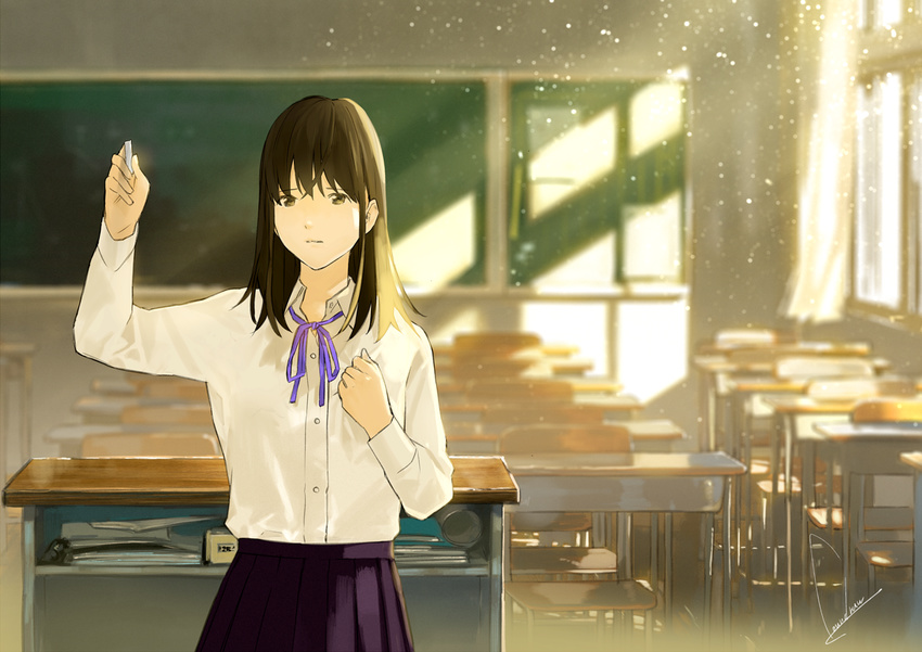 brown_eyes brown_hair chair chalk chalkboard classroom commentary_request curtains desk female indoors long_hair loundraw original school school_desk school_uniform skirt solo sunlight window