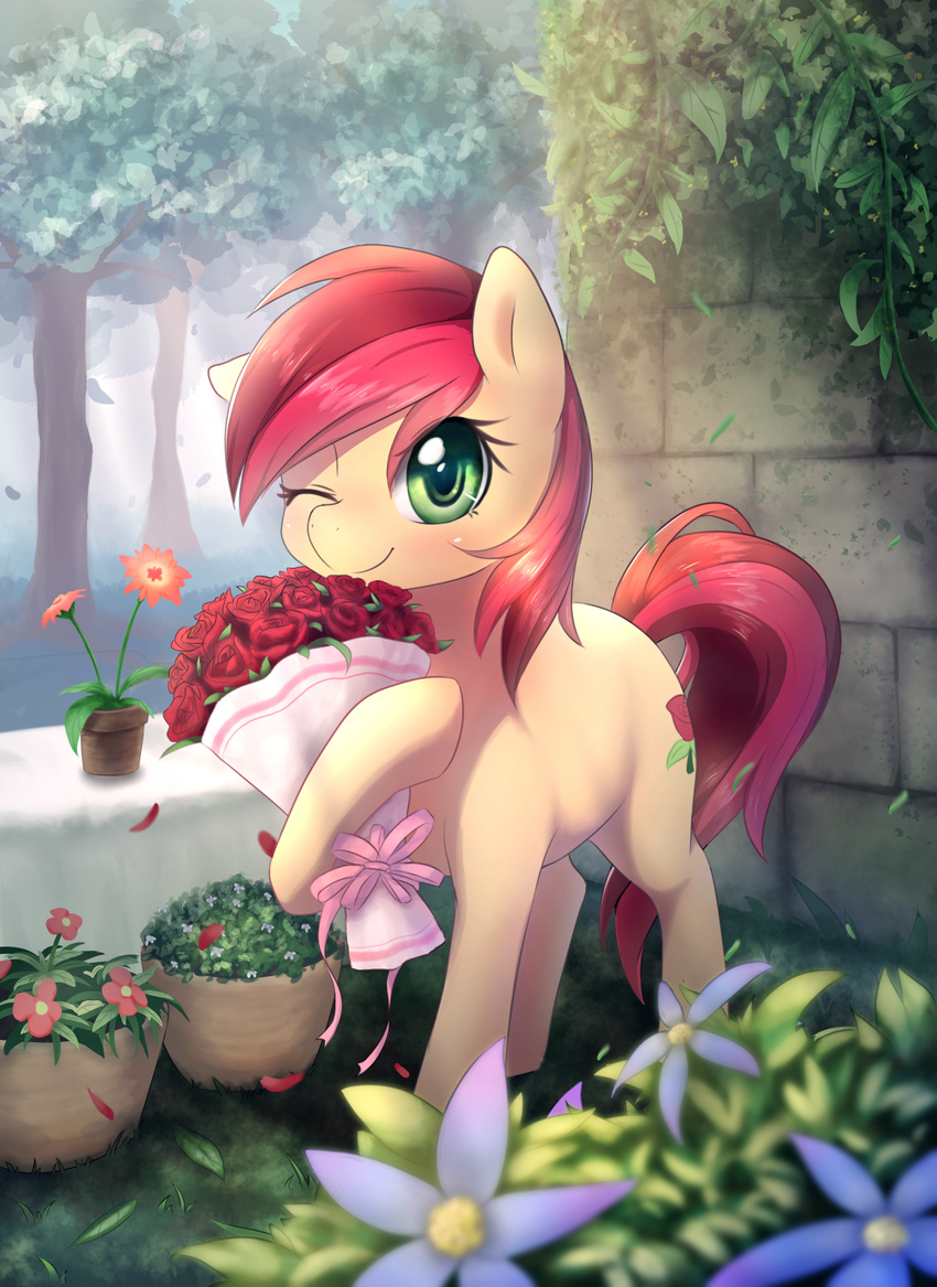 2015 aymint bouquet cutie_mark earth_pony equid equine female feral flower friendship_is_magic fur green_eyes hair hasbro hi_res horse looking_at_viewer mammal my_little_pony one_eye_closed outside plant pony red_hair rose_(mlp) smile solo tan_body tan_fur tree