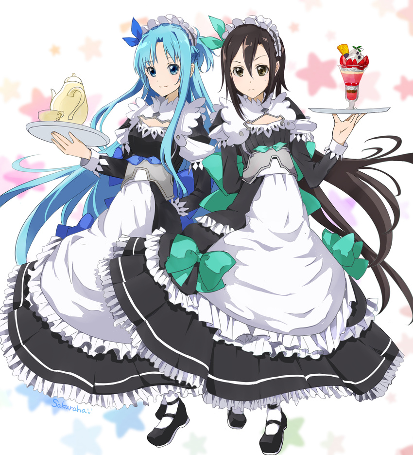 1boy alternate_costume androgynous apron asuna_(sao) asuna_(sao-alo) black_dress black_eyes black_footwear black_hair blue_bow blue_eyes blue_hair bow breasts cleavage commentary_request crossdressing dress enmaided female floating_hair frilled_dress frills full_body green_bow hair_between_eyes highres holding kirito kirito_(sao-ggo) layered_dress long_hair looking_at_viewer maid maid_headdress medium_breasts otoko_no_ko pantyhose parfait sau_(bluepoper) shoes standing sweatdrop sword_art_online very_long_hair white_apron white_background white_pantyhose