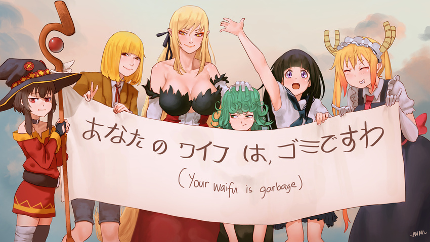 6+girls absurdres armpit_peek bare_shoulders black_hair black_thighhighs blonde_hair blush breasts brown_eyes brown_hat chitanda_eru cleavage closed_eyes closed_mouth commentary crossover english_text facing_viewer green_eyes green_hair hat highres holding holding_staff horns hyouka justin_leyva_(steamy_tomato) kiss-shot_acerola-orion_heart-under-blade kobayashi-san_chi_no_maidragon kono_subarashii_sekai_ni_shukufuku_wo! large_breasts looking_at_viewer maid_headdress megumin midorikawa_hana monogatari_(series) multiple_crossover multiple_girls one-punch_man open_mouth orange_hair oshino_shinobu parted_lips photoshop_(medium) prison_school purple_eyes red_eyes short_hair smile staff tatsumaki teeth thighhighs tohru_(maidragon) translated twintails yellow_eyes