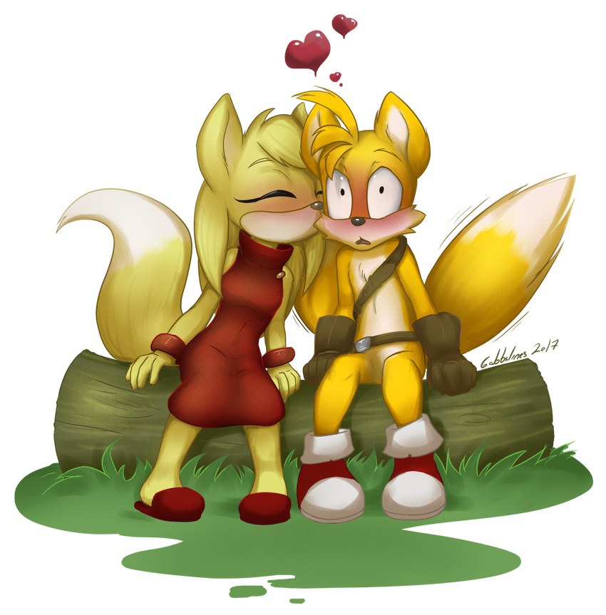 2_tails alpha_channel anthro belt blush canid canine chest_tuft closed_eyes clothed clothed/nude clothed_female clothing dress duo eyelashes featureless_crotch female footwear fox fur gabbslines gloves handwear heart_symbol hi_res kissing kissing_cheek log male mammal multi_tail nude romantic romantic_couple sega shoes sitting sonic_boom sonic_the_hedgehog_(series) tail tails tuft wood yellow_body yellow_fur zooey_the_fox