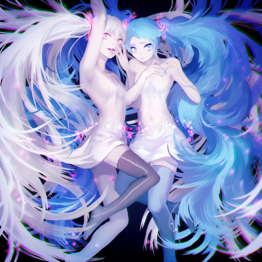 2girls absurdres arm_up bare_arms bare_shoulders big_hair black_background black_legwear blue_eyes blue_hair blue_legwear blue_nails breasts broken closed_mouth colored_eyelashes commentary_request covered_navel creator_connection cube dress dual_persona eyelashes ghost_rule_(vocaloid) grey_eyes hair_between_eyes hair_ornament hatsune_miku highres hona_(platinum_egg) leg_up liar_dance_(vocaloid) light_particles locked_arms long_hair looking_at_viewer looking_away looking_to_the_side multiple_girls nail_polish navel no_shoes pale_skin parted_lips revealing_clothes see-through silver_nails small_breasts smile smirk songover strapless teeth thighhighs transparent twintails vocaloid white_dress white_hair