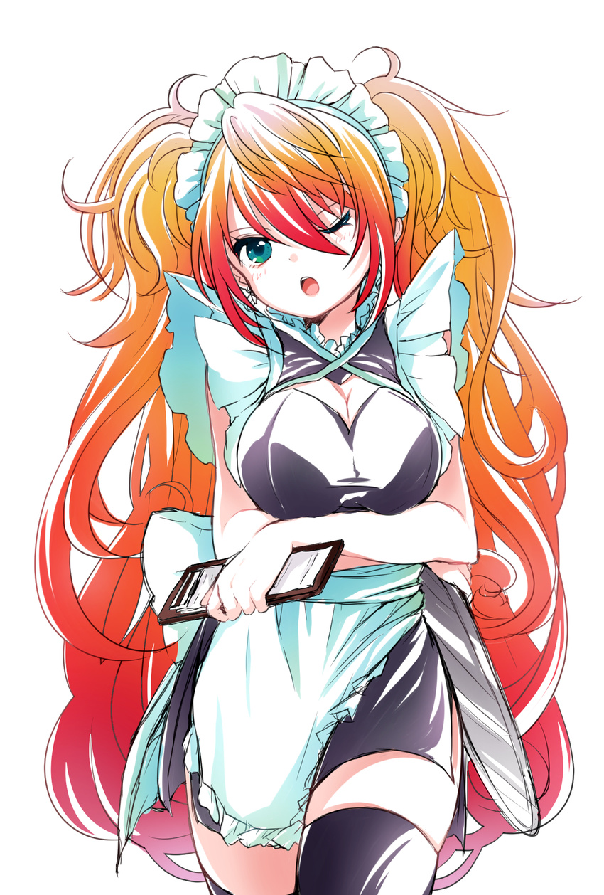 alternate_costume apron aqua_eyes breast_hold breasts cleavage cleavage_cutout clothing_cutout commentary_request crossed_arms enmaided female hair_between_eyes highres large_breasts leilan_(p&d) long_hair maid maid_apron maid_headdress multicolored_hair notepad one_eye_closed orange_hair pikomarie puzzle_&_dragons red_hair solo thighhighs tray two-tone_hair very_long_hair