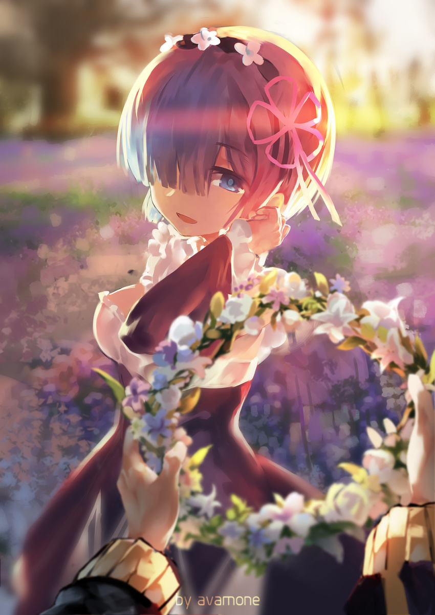 artist_name azomo black_dress blue_eyes blue_hair breasts cleavage commentary detached_sleeves dress evening female field floral_background flower flower_field from_behind hair_ornament hairclip head_wreath highres looking_at_viewer maid maid_headdress md5_mismatch medium_breasts open_mouth out_of_frame photoshop_(medium) pov pov_hands re:zero_kara_hajimeru_isekai_seikatsu rem_(re:zero) roswaal_mansion_maid_uniform short_hair solo_focus sunlight x_hair_ornament