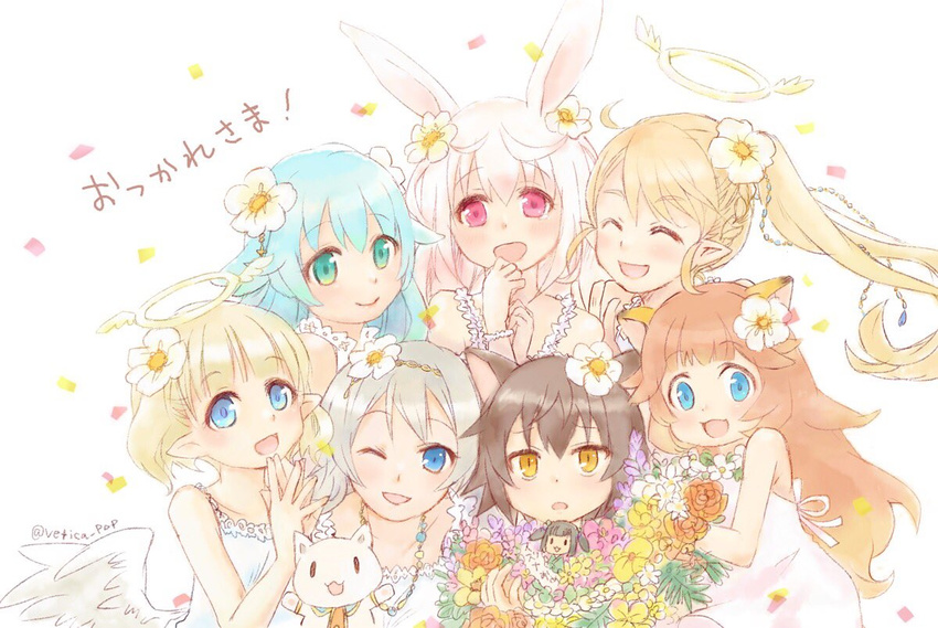 6+girls :3 angel angel_wings animal_ears blonde_hair blue_eyes blue_hair blush braid brown_hair cat_girl character_doll closed_eyes commentary_request dog_girl eve_ainsworth farfalia feline flower french_braid gradient_hair green_eyes hair_flower hair_ornament hairband halo kirara_ookami liliana_hart lion_ears lion_girl long_hair low_wings lucille_aleister misty_sheikh multicolored_hair multiple_girls one_eye_closed pink_hair pointy_ears ponytail pop-up_story rabbit_ears rabbit_girl red_eyes renge_miyamoto shiroe_adele short_hair silver_hair simple_background suzuna_isurugi twitter_username vetica white_background white_hair wings yellow_eyes