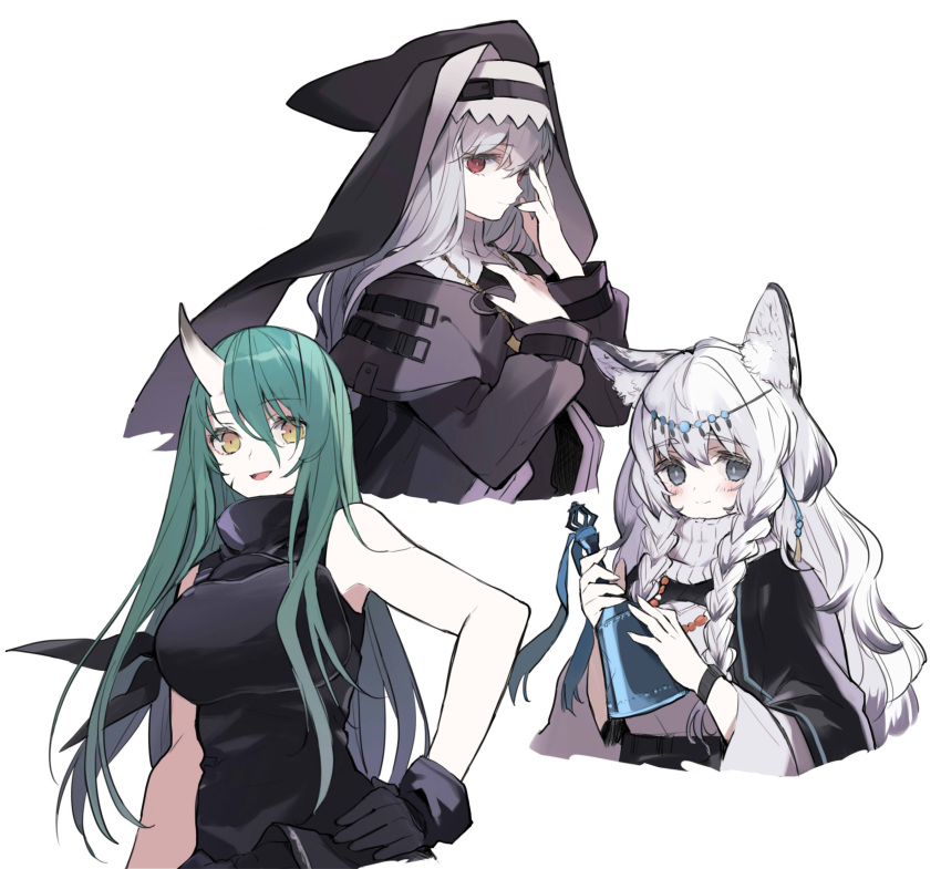 :d absurdres animal_ear_fluff animal_ears arknights armor bad_id bad_twitter_id bell black_cape black_capelet black_cloak black_dress black_shirt braid breastplate breasts cape capelet chain_necklace chains cloak closed_mouth commentary_request dress female green_hair grey_eyes grey_hair habit hair_between_eyes hand_on_own_chest hand_on_own_face hand_on_own_hip head_chain highres holding holding_bell horns hoshiguma_(arknights) itsumi_(itumiyuo) jewelry leopard_ears lips long_hair looking_at_viewer necklace nun open_mouth pramanix_(arknights) red_eyes shirt simple_background single_horn skin-covered_horns sleeveless sleeveless_shirt smile specter_(arknights) straight_hair turtleneck turtleneck_dress twin_braids upper_body veil white_background white_dress yellow_eyes